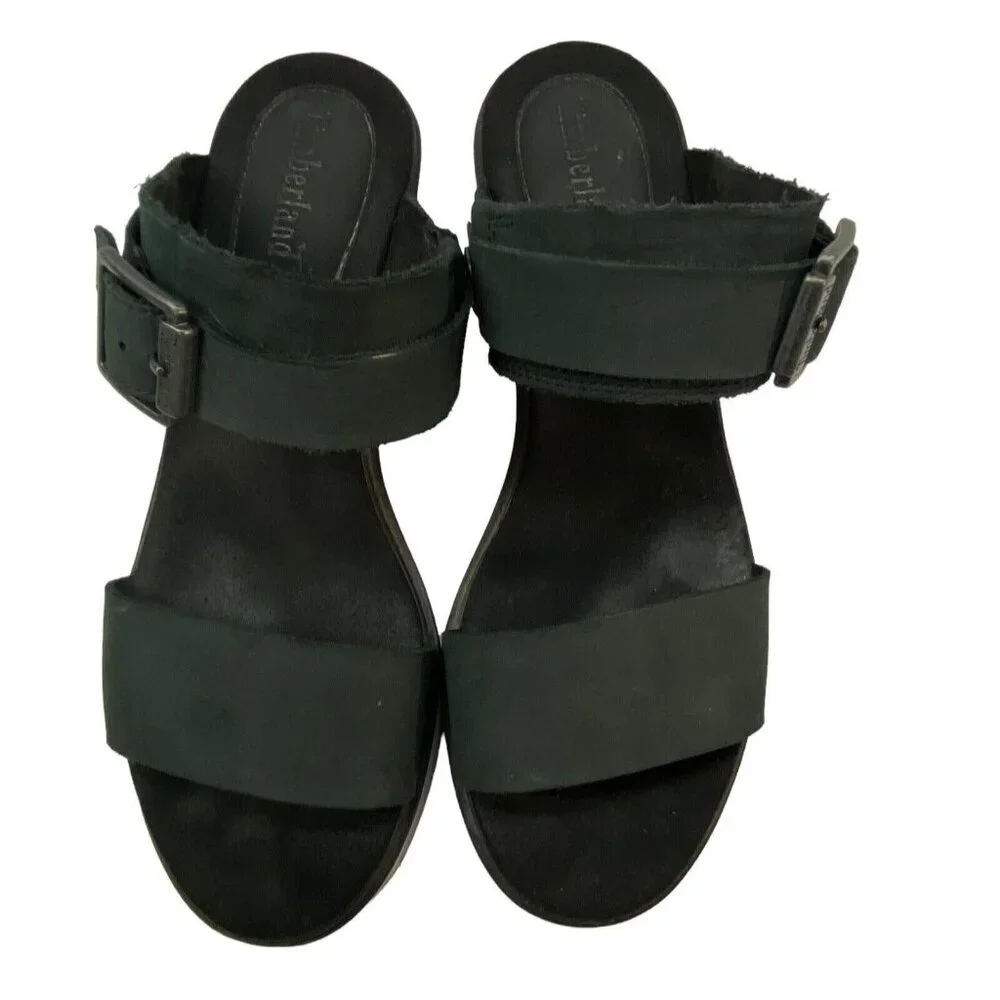 TIMBERLAND Women Platform Size 8 Black Koralyn Buckle Wedge Leather Sandals